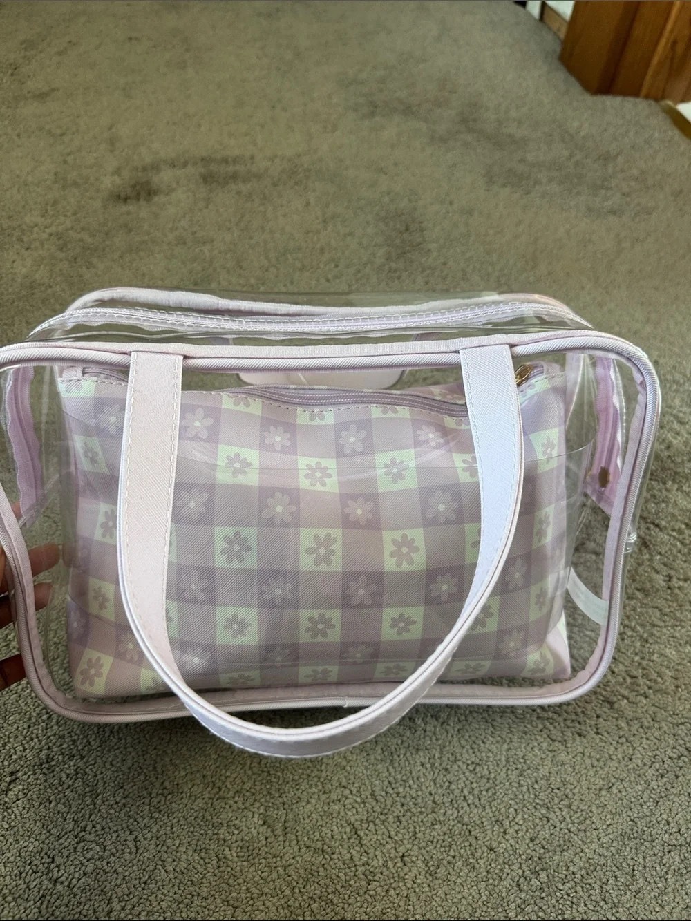 Purple Pastel Clear Mini Travel Tote Bag Checkered Floral Makeup Bag